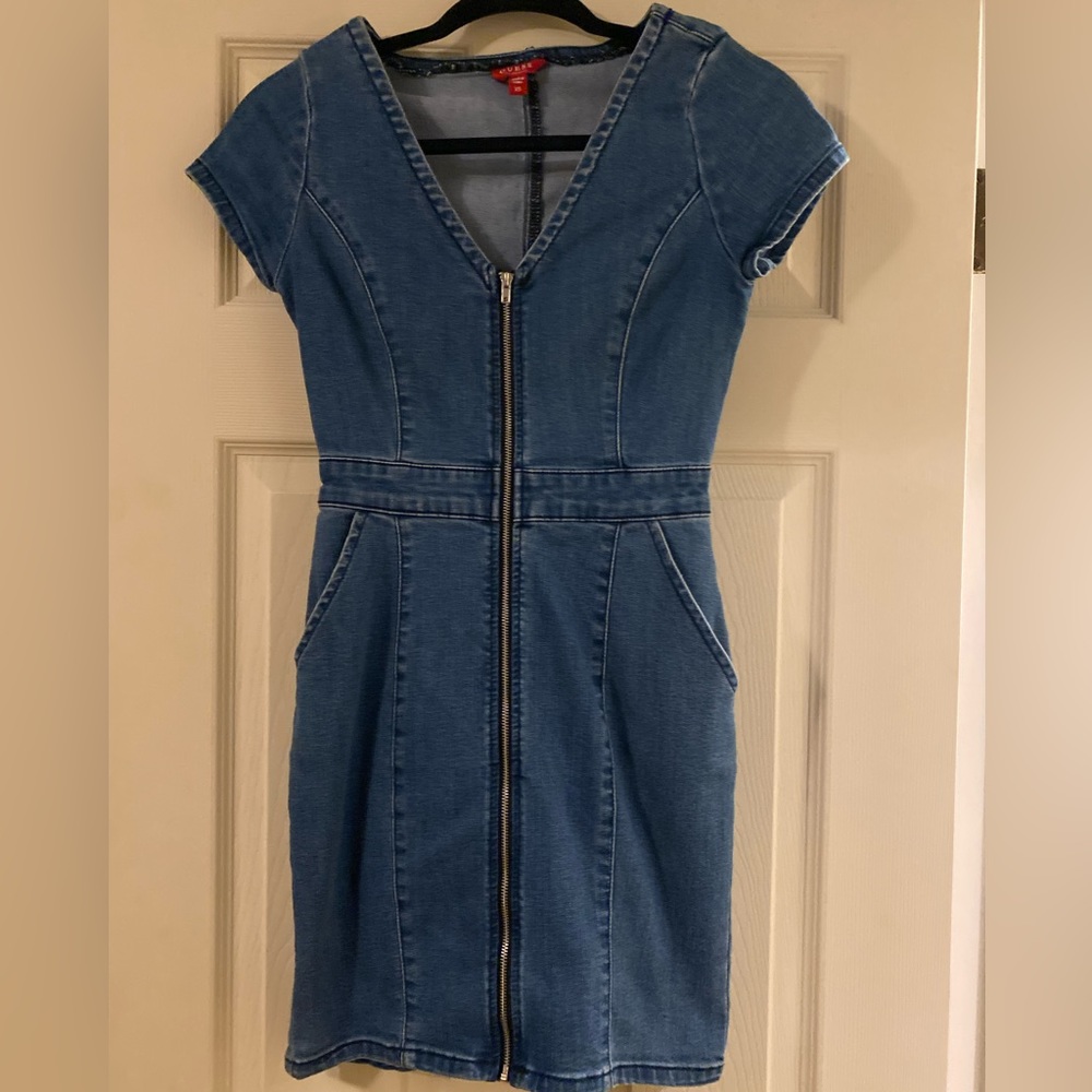 Guess Denim Midi Dress with Front Zip — Blue